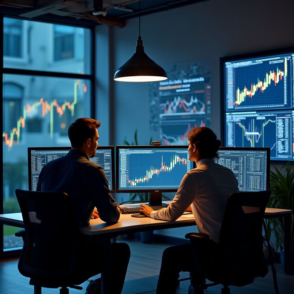 Equipo de consultores trabajando en análisis de criptomonedas
